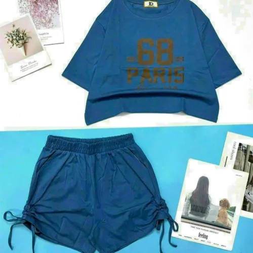 Đồ bộ quần đùi rút dây áo crop in số