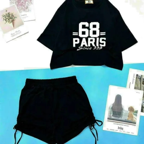 Đồ bộ quần đùi rút dây áo crop in số