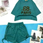 Đồ bộ quần đùi rút dây áo crop in số
