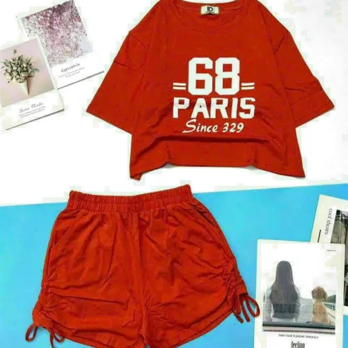 Đồ bộ quần đùi rút dây áo crop in số