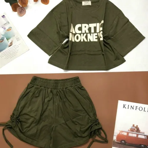 Đồ bộ quần đùi rút dây áo crop tay ngắn in chữ