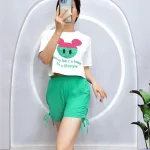Đồ bộ quần đùi rút dây áo crop tay ngắn in hình