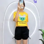 Đồ bộ quần đùi rút dây áo crop tay ngắn in hình