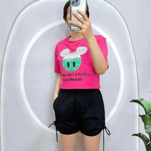Đồ bộ quần đùi rút dây áo crop tay ngắn in hình