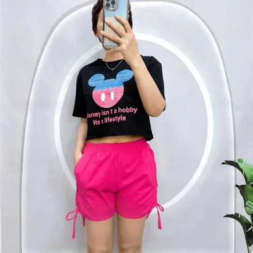 Đồ bộ quần đùi rút dây áo crop tay ngắn in hình