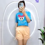 Đồ bộ quần đùi rút dây áo crop tay ngắn in hình