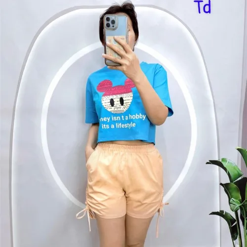 Đồ bộ quần đùi rút dây áo crop tay ngắn in hình