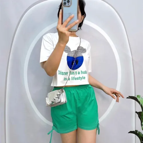 Đồ bộ quần đùi rút dây áo crop tay ngắn in hình