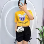 Đồ bộ quần đùi rút dây áo crop tay ngắn in hình