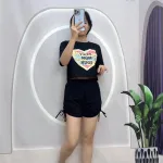 Đồ bộ quần đùi rút dây áo crop tay ngắn in hình