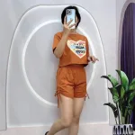 Đồ bộ quần đùi rút dây áo crop tay ngắn in hình