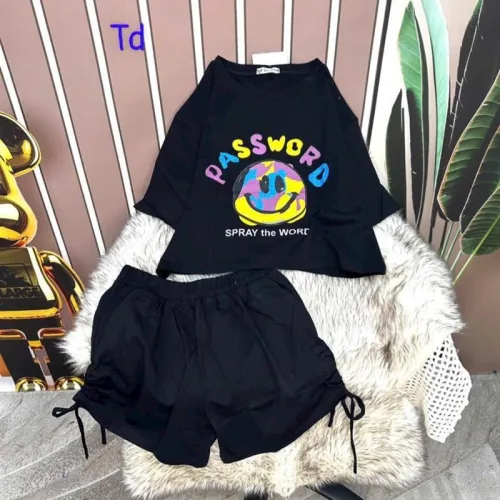 Đồ bộ quần đùi rút dây áo crop tay ngắn in hình