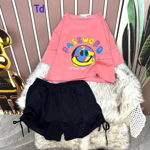 Đồ bộ quần đùi rút dây áo crop tay ngắn in hình