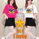 Đồ bộ quần đùi rút dây áo crop tay ngắn in hình