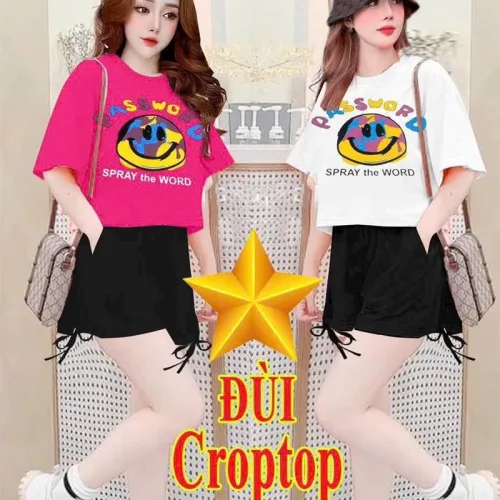 Đồ bộ quần đùi rút dây áo crop tay ngắn in hình