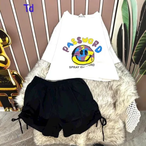 Đồ bộ quần đùi rút dây áo crop tay ngắn in hình