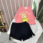 Đồ bộ quần đùi rút dây áo crop tay ngắn in hình gấu