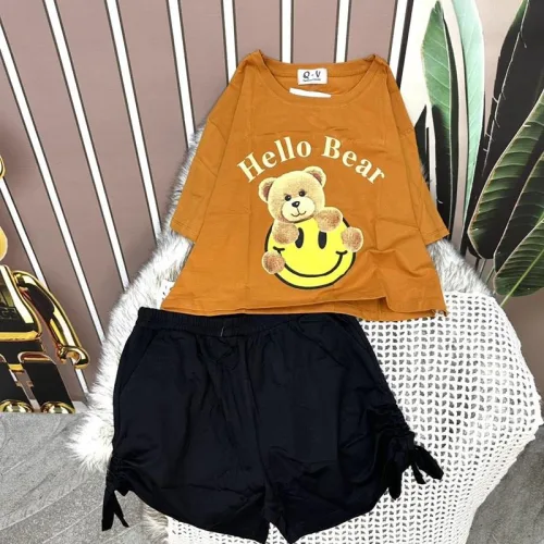 Đồ bộ quần đùi rút dây áo crop tay ngắn in hình gấu