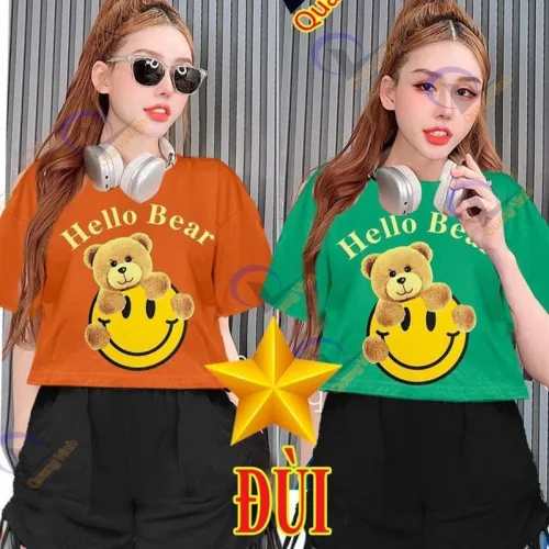 Đồ bộ quần đùi rút dây áo crop tay ngắn in hình gấu
