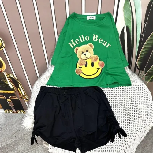 Đồ bộ quần đùi rút dây áo crop tay ngắn in hình gấu