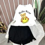 Đồ bộ quần đùi rút dây áo crop tay ngắn in hình gấu