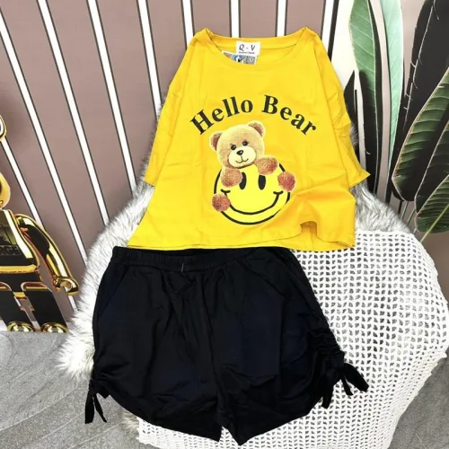 Đồ bộ quần đùi rút dây áo crop tay ngắn in hình gấu