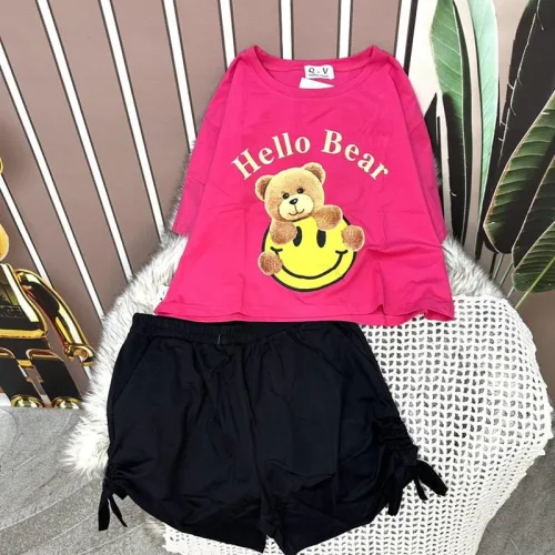 Đồ bộ quần đùi rút dây áo crop tay ngắn in hình gấu