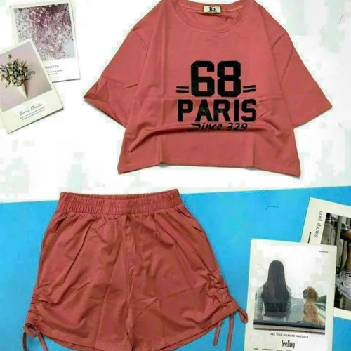 Đồ bộ quần đùi rút dây áo crop tay ngắn in số
