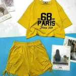 Đồ bộ quần đùi rút dây áo crop tay ngắn in số