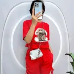 Đồ bộ quần đùi rút dây áo crop top in hình gấu