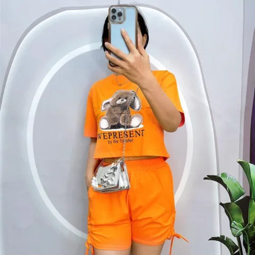 Đồ bộ quần đùi rút dây áo crop top in hình gấu