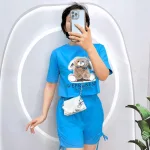 Đồ bộ quần đùi rút dây áo crop top in hình gấu