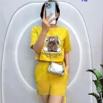 Đồ bộ quần đùi rút dây áo crop top in hình gấu
