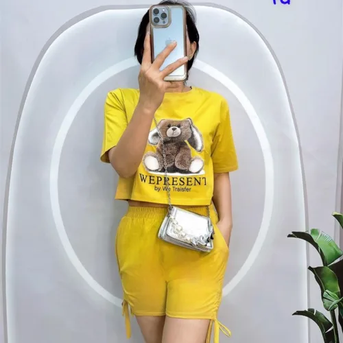 Đồ bộ quần đùi rút dây áo crop top in hình gấu