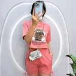 Đồ bộ quần đùi rút dây áo crop top in hình gấu