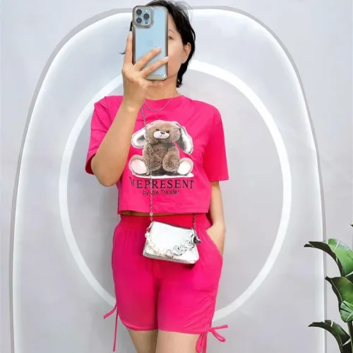 Đồ bộ quần đùi rút dây áo crop top in hình gấu