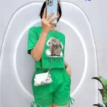 Đồ bộ quần đùi rút dây áo crop top in hình gấu