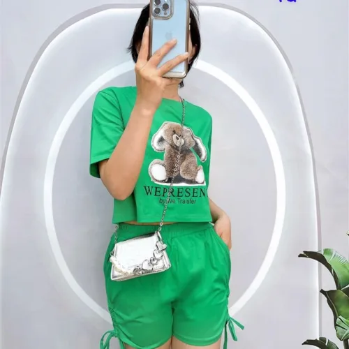Đồ bộ quần đùi rút dây áo crop top in hình gấu