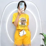 Đồ bộ quần đùi rút dây áo crop top in hình gấu
