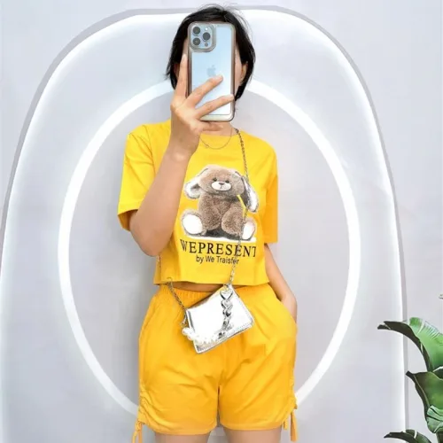 Đồ bộ quần đùi rút dây áo crop top in hình gấu