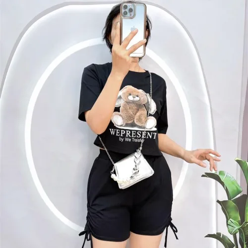 Đồ bộ quần đùi rút dây áo crop top in hình gấu