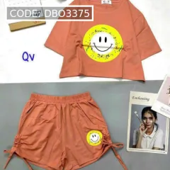 Đồ bộ quần đùi rút dây áo crop top tay ngắn in hình