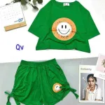 Đồ bộ quần đùi rút dây áo crop top tay ngắn in hình