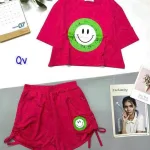Đồ bộ quần đùi rút dây áo crop top tay ngắn in hình