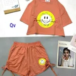 Đồ bộ quần đùi rút dây áo crop top tay ngắn in hình