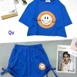 Đồ bộ quần đùi rút dây áo crop top tay ngắn in hình