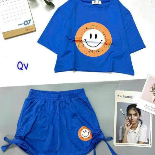 Đồ bộ quần đùi rút dây áo crop top tay ngắn in hình