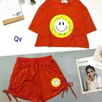 Đồ bộ quần đùi rút dây áo crop top tay ngắn in hình