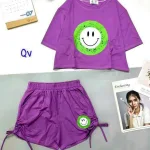 Đồ bộ quần đùi rút dây áo crop top tay ngắn in hình