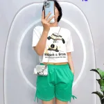 Đồ bộ quần đùi rút dây áo croptop tay ngắn in hình